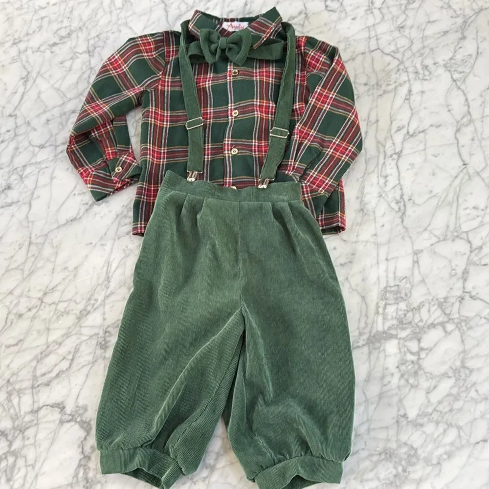 Boys Christmas Holiday Outfit 4-Piece Boys Plaid Shirt & Green Pants